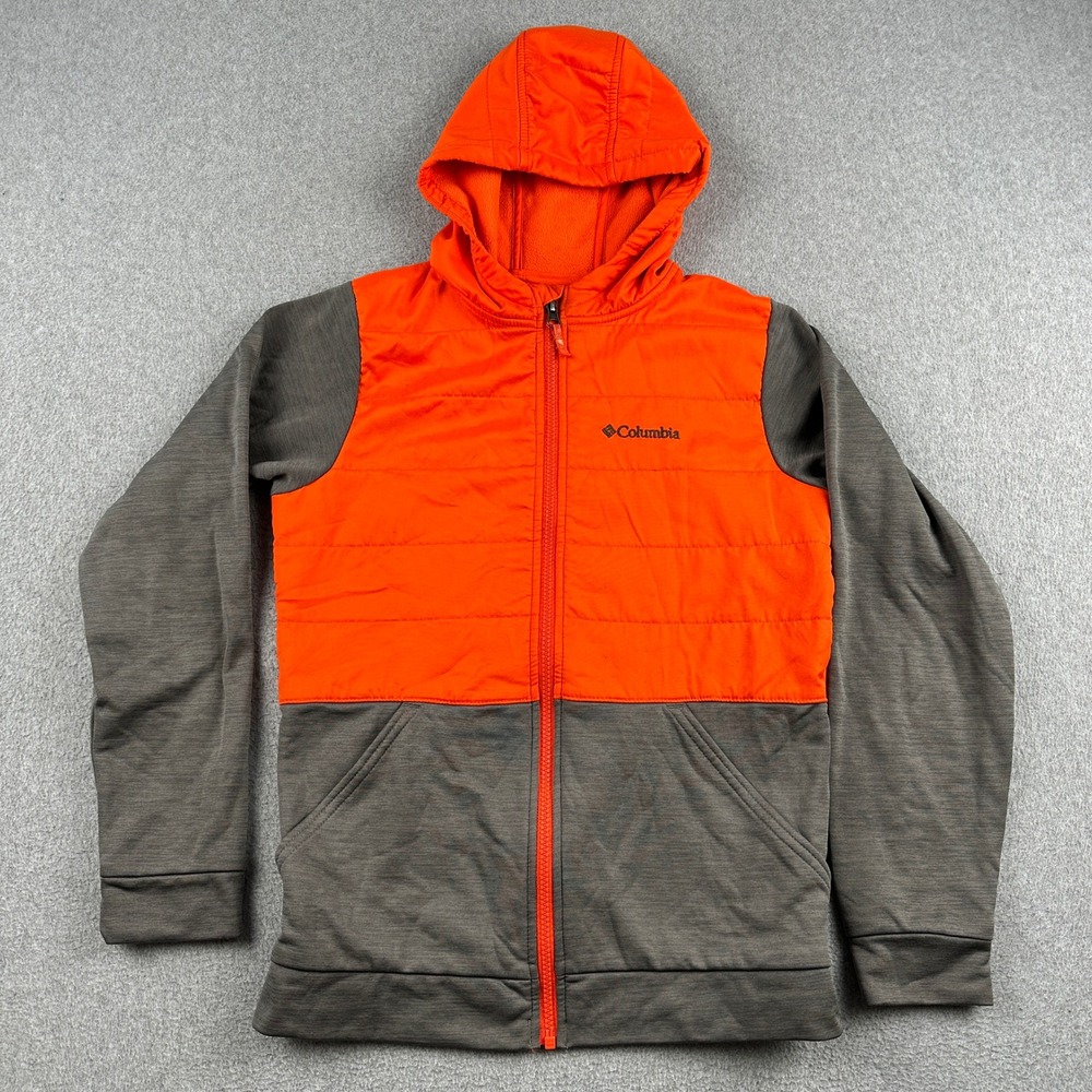 Columbia Hoodie Boys L XB0070 Orange Gray Full Zip Quilted Fleece Lining